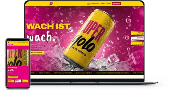 Webdesign Referenz Getränkemarke – Superyolo Website auf Laptop und Smartphone
