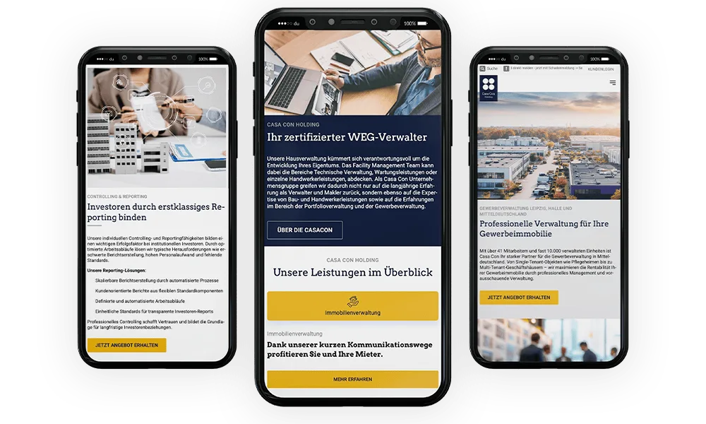 Casa Con Website in der mobilen Ansicht auf drei Smartphones