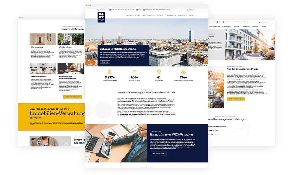 Seitenübersicht der Casa Con Website mit Startseite und Immobilienverwaltung