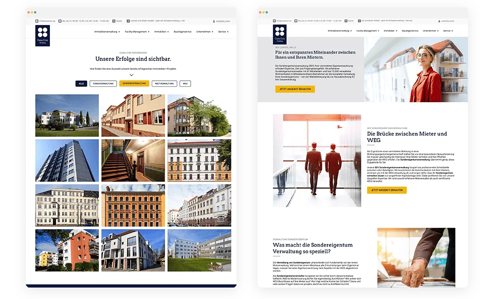 Unterseiten der Casa Con Website zu Objekten und Sondereigentumsverwaltung