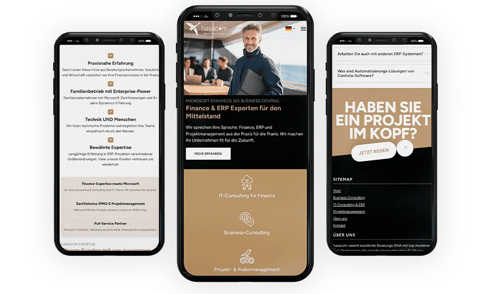 hasacom Website in der mobilen Ansicht auf drei Smartphones