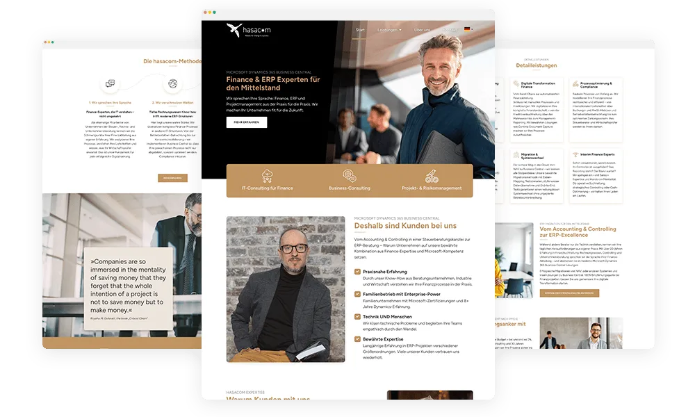 Seitenübersicht der hasacom Website mit Kundenstimmen