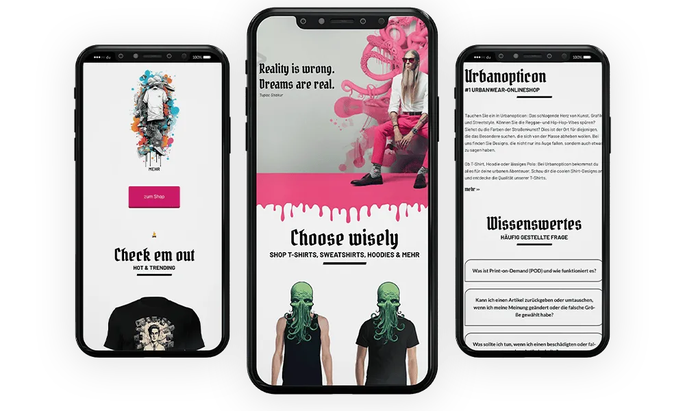 Urbanopticon Onlineshop in der mobilen Ansicht auf drei Smartphones
