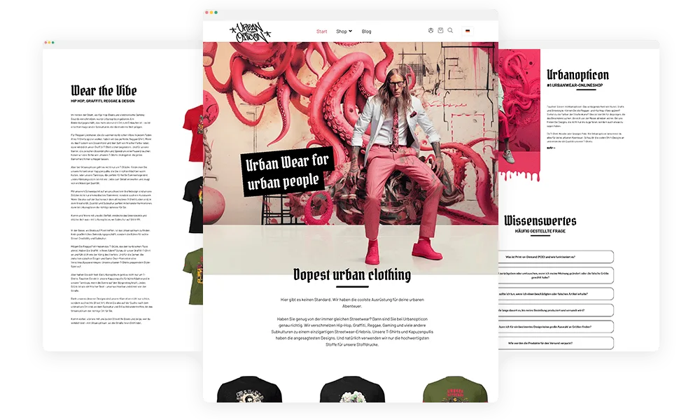 Seitenübersicht des Urbanopticon Shops mit Startseite und Blog