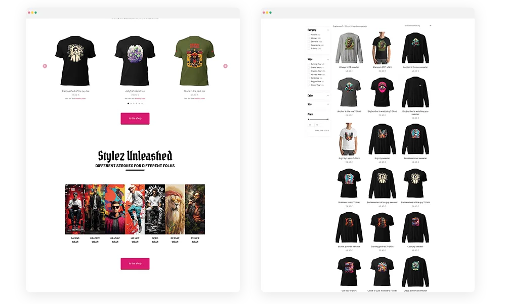 Produktübersicht und Kategoriefilter im Urbanopticon Onlineshop