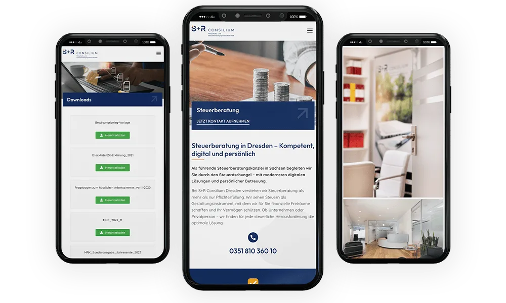 S+R Consilium Website in der mobilen Ansicht auf drei Smartphones