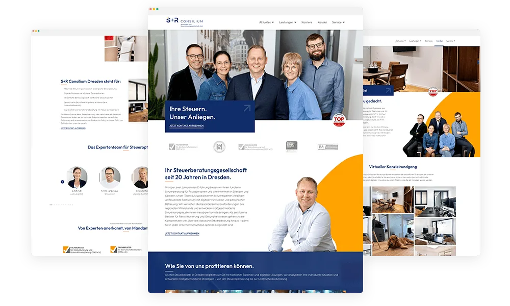 Seitenübersicht der S+R Consilium Website mit Startseite und Team