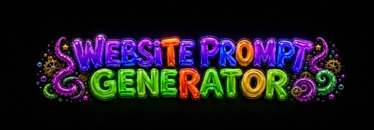 Buntes Neon-Lettering Website Prompt Generator mit Tentakeln und Zahnraedern