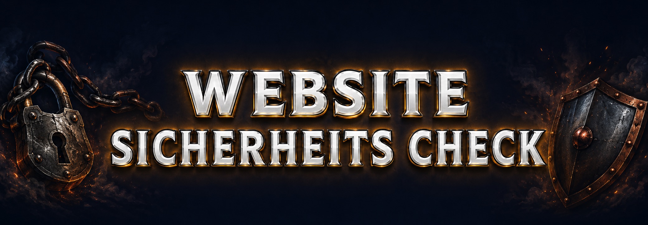 Schriftzug Website Sicherheits Check aus Stahl, daneben Vorhaengeschloss und Schild