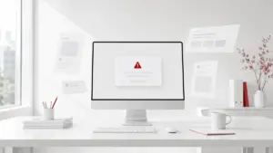 Monitor auf hellem Schreibtisch zeigt statt der Website eine Fehlermeldung mit rotem Warndreieck