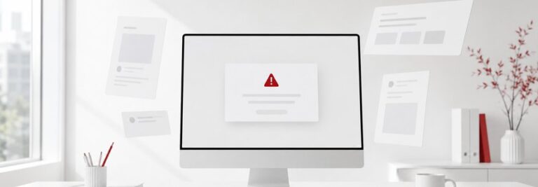 Monitor auf hellem Schreibtisch zeigt statt der Website eine Fehlermeldung mit rotem Warndreieck