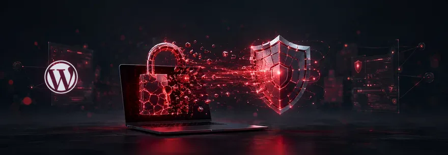 WordPress-Logo neben einem aufbrechenden roten Schloss auf einem Laptop, daneben setzt sich ein Schutzschild aus Lichtpartikeln wieder zusammen
