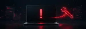 Laptop mit rotem Ausrufezeichen auf schwarzem Bildschirm, daneben ein leuchtender Schraubenschlüssel