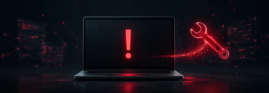 Laptop mit rotem Ausrufezeichen auf schwarzem Bildschirm, daneben ein leuchtender Schraubenschlüssel