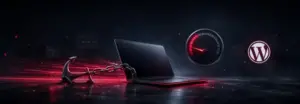 WordPress-Logo, laptop mit angeketteten Anker und Tachonadel im roten Bereich als Sinnbild für eine ausgebremste Website