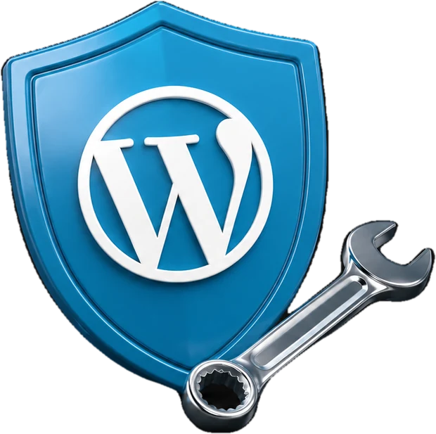 Blaues WordPress-Schild mit Schraubenschlüssel als Sinnbild für laufende WordPress-Wartung