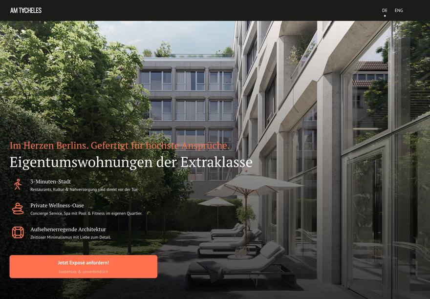 Am Tacheles Berlin Webdesign für ein Immobilienprojekt Website Am Tacheles Berlin mit Innenhof-Rendering und orangem Knopf