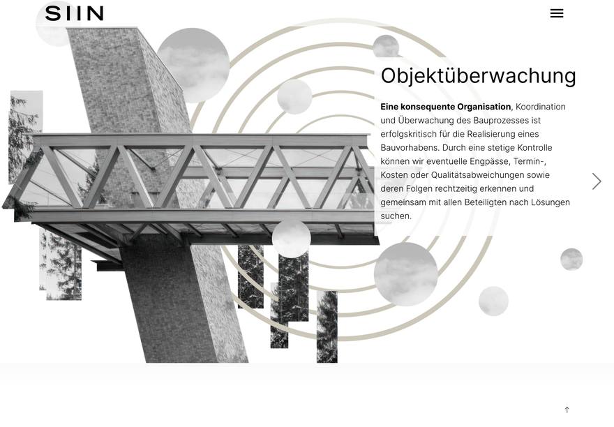 SIIN Collagen-Webdesign für Architekten Startseite von SIIN mit einer Schwarzweiß-Collage aus Gebäudeteilen