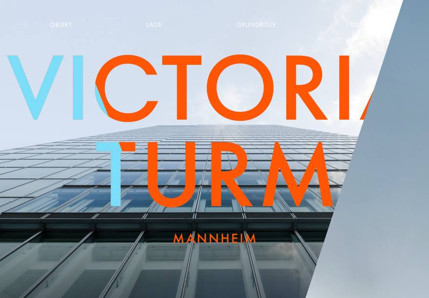 Victoria Turm Mannheim One-Pager Webdesign Website Victoria Turm Mannheim mit großer Typografie über dem Fassadenfoto