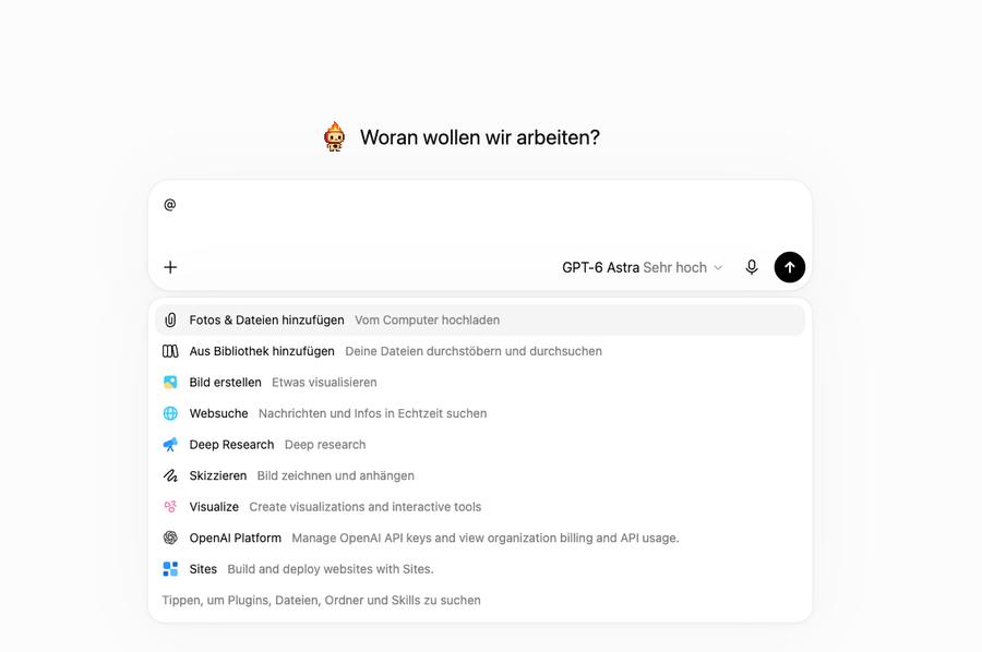 Das @-Menü in ChatGPT mit dem Eintrag Sites zum Bauen und Veröffentlichen von Websites