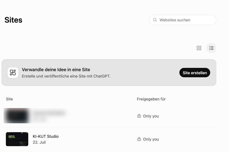 Die Sites-Übersicht in ChatGPT mit zwei veröffentlichten Websites