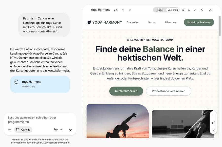 Gemini Canvas: bauen und per Link teilen Gemini baut im Canvas eine Landingpage und zeigt die Vorschau daneben