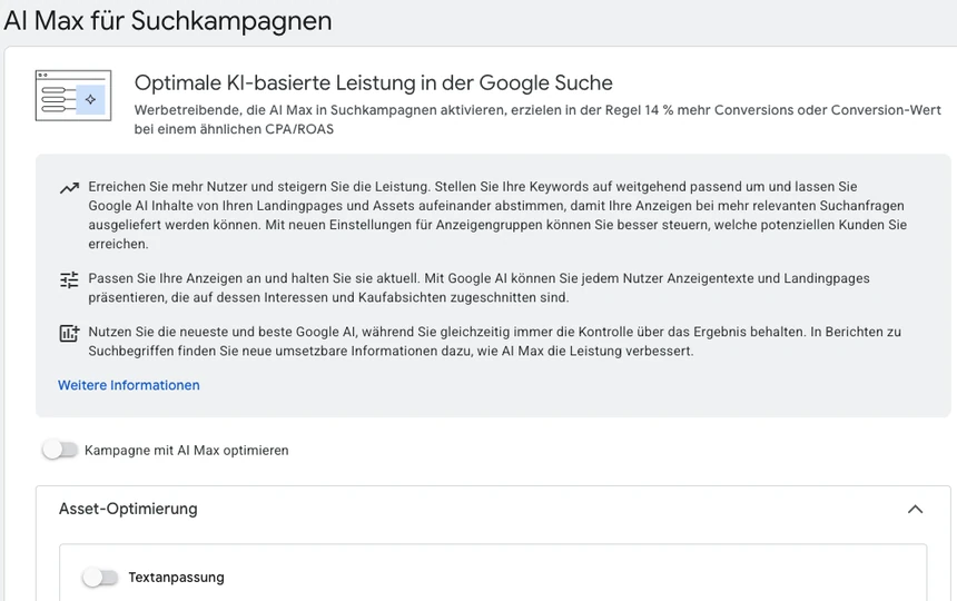 AI Max in Google Ads AI Max für Suchkampagnen in Google Ads mit dem Schalter „Kampagne mit AI Max optimieren“
