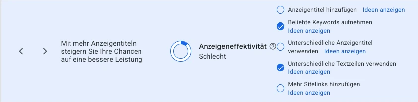 Anzeigeneffektivität in Google Ads Anzeigeneffektivität „Schlecht“ bei einer responsiven Suchanzeige in Google Ads