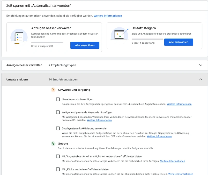 Automatisch angewendete Empfehlungen ausschalten Google-Ads-Empfehlungen automatisch anwenden: alle Empfehlungstypen abgewählt