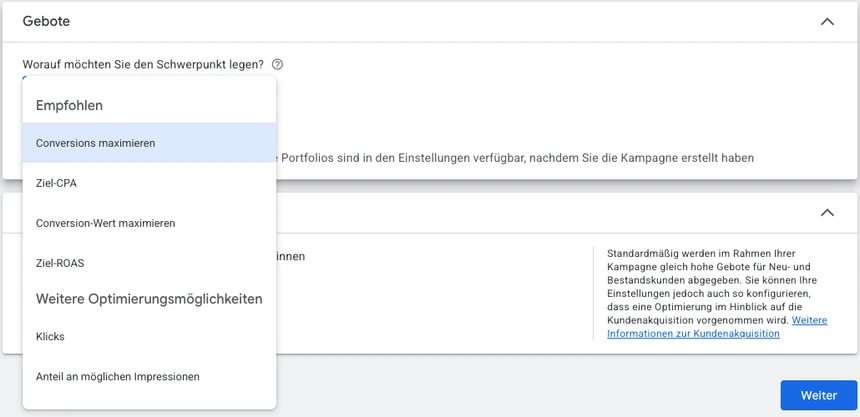 Gebotsstrategie beim Anlegen einer Suchkampagne Gebotsstrategien in Google Ads: Conversions maximieren, Ziel-CPA, Conversion-Wert, Ziel-ROAS, Klicks, Impressionsanteil
