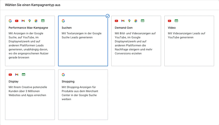 Kampagnentyp Suchen in Google Ads Google-Ads-Kampagnentypen: Performance Max, Suchen, Demand Gen, Video, Display und Shopping