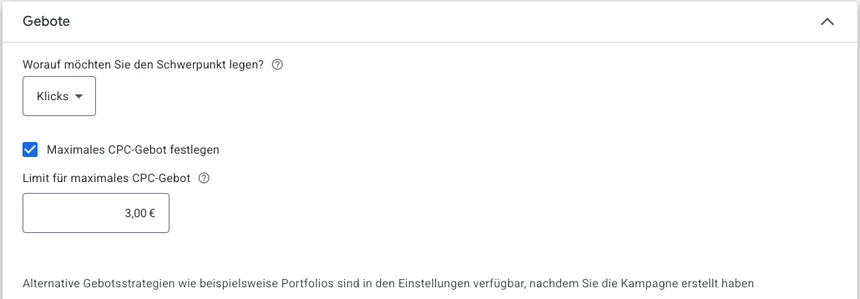 Klicks mit maximalem CPC-Gebot Gebotsstrategie Klicks mit maximalem CPC-Gebot von 3 Euro in Google Ads