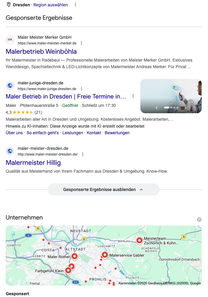 Gesponserte Anzeigen in der Google-Suche Google-Suchergebnis für „maler dresden“ mit drei gesponserten Anzeigen über dem Kartenblock