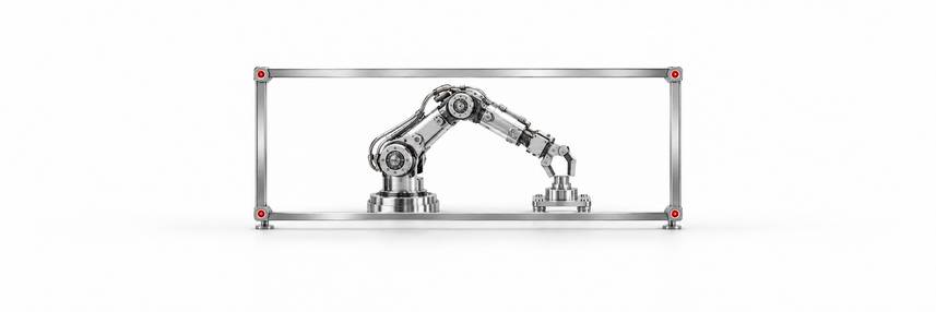 Roboterarm aus Chrom arbeitet innerhalb eines Stahlrahmens mit roten Kontrollleuchten an den Ecken