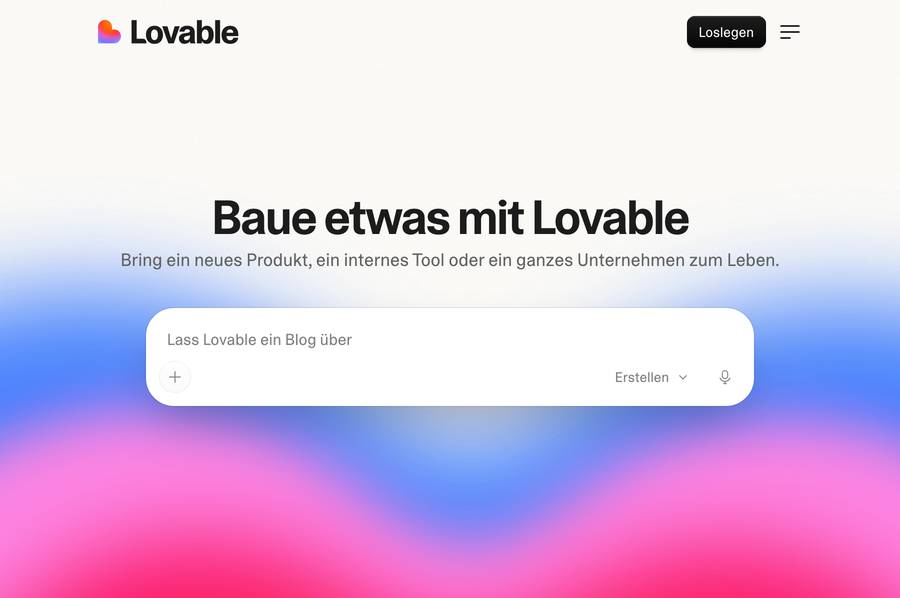 Die Startseite des KI-Website-Builders Lovable mit deutschem Eingabefeld