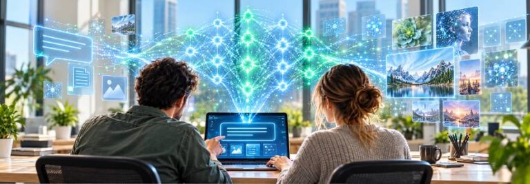 Prompt Engineering: Zwei Menschen am Laptop, aus dem Bildschirm wächst ein leuchtendes neuronales Netz