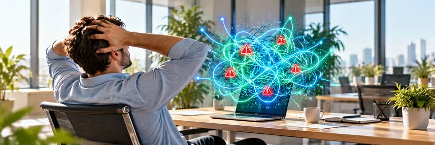 Häufige Fehler beim Prompten: Mann greift sich an den Kopf, über dem Laptop ein verknotetes Netz mit Warnzeichen