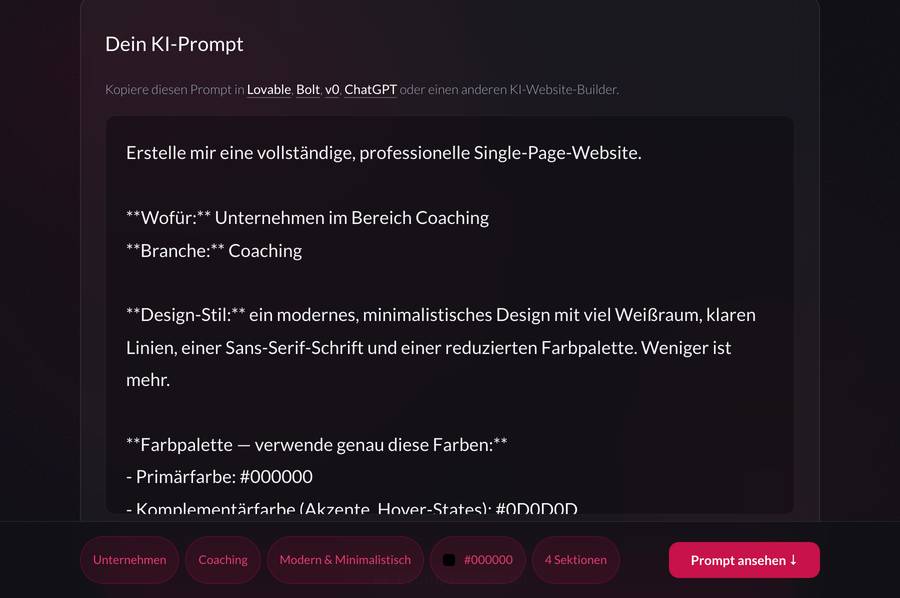 Website Prompt Generator: fertiger Prompt zum Kopieren Der Website Prompt Generator von Kopf und Stift mit fertig erzeugtem KI-Prompt