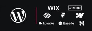 WordPress und acht Alternativen im Vergleich: das WordPress-Logo links, rechts die Logos von Wix, Jimdo, Squarespace, Framer, Webflow, Lovable, Base44 und Hostinger