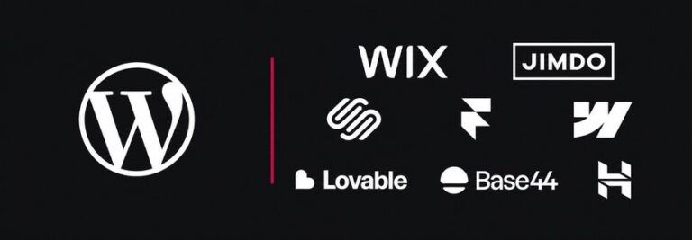 WordPress und acht Alternativen im Vergleich: das WordPress-Logo links, rechts die Logos von Wix, Jimdo, Squarespace, Framer, Webflow, Lovable, Base44 und Hostinger