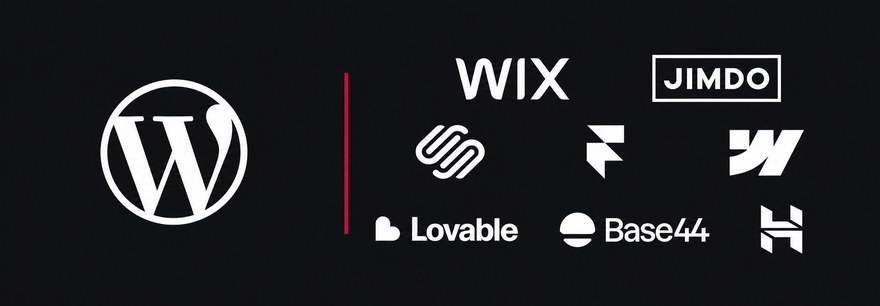 WordPress und acht Alternativen im Vergleich: das WordPress-Logo links, rechts die Logos von Wix, Jimdo, Squarespace, Framer, Webflow, Lovable, Base44 und Hostinger