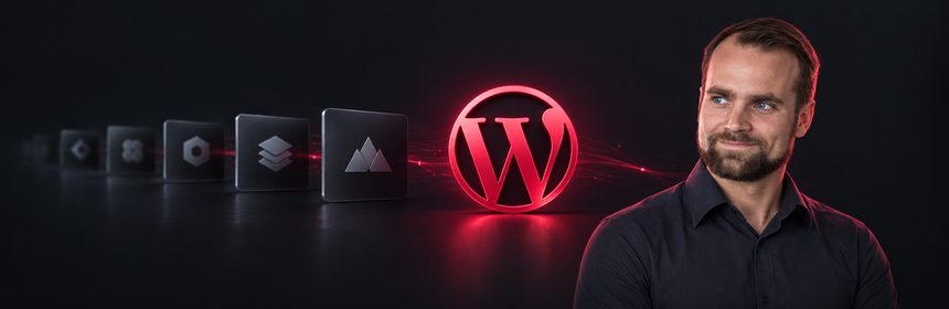 Webentwickler neben dem leuchtenden WordPress-Logo, dahinter verblassen die Plattform-Alternativen