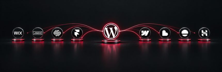 Das WordPress-Logo in der Mitte, links und rechts davon die Logos der acht Alternativen, durch Linien verbunden
