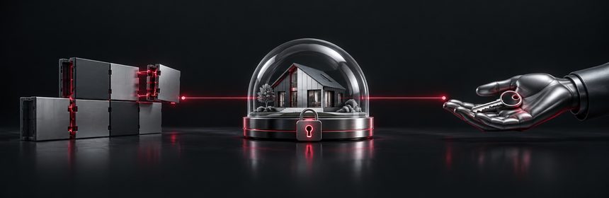 Fertigbausteine fügen sich zusammen, daneben ein Haus unter einer verschlossenen Glaskuppel und eine Hand mit Schlüssel