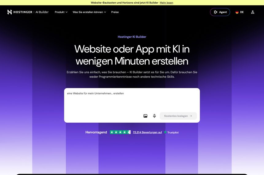Startseite des Hostinger KI Builders mit Eingabefeld und dem Hinweis, dass Horizons jetzt KI Builder heißt