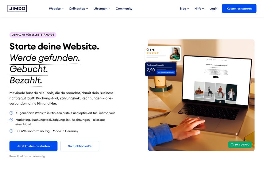 Startseite von Jimdo mit dem Versprechen einer KI-Website in Minuten und dem Hinweis DSGVO-konform ab Tag 1