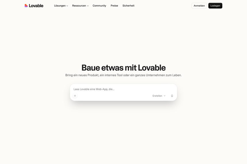 Deutsche Startseite von Lovable mit dem Eingabefeld, in das man die gewünschte Anwendung beschreibt