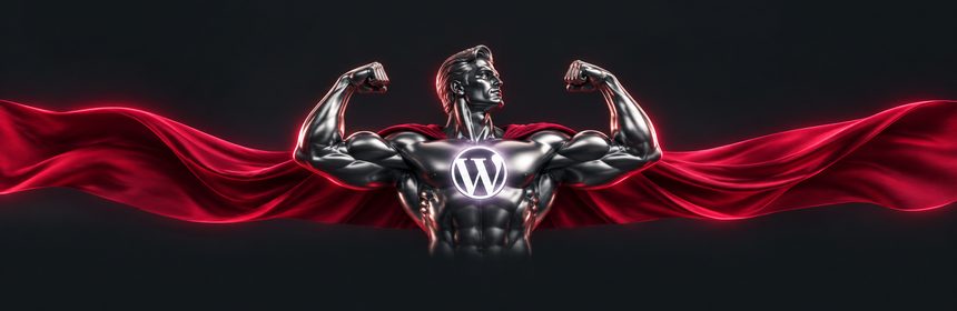 WordPress als Heldenfigur mit rotem Umhang und dem WordPress-Logo auf der Brust, die Muskeln anspannend
