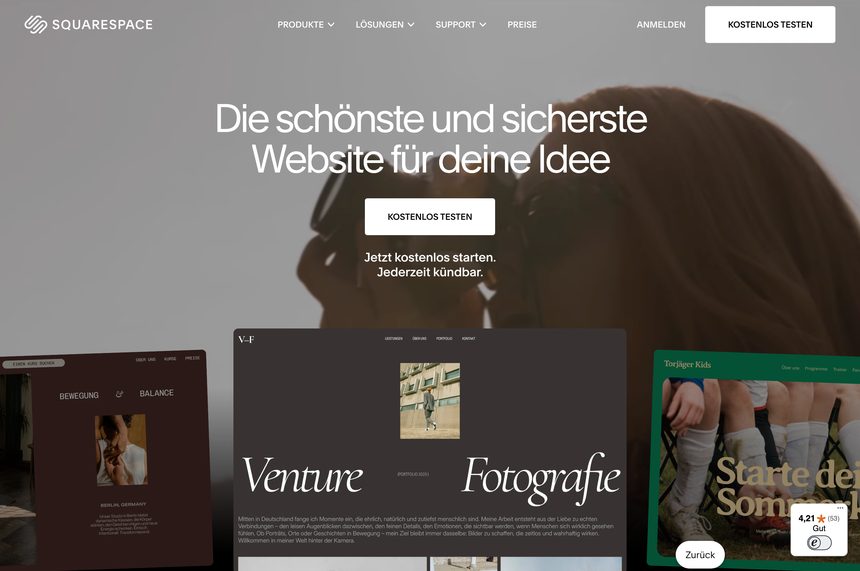 Startseite von Squarespace mit dem Claim Die schönste und sicherste Website für deine Idee und Design-Beispielen