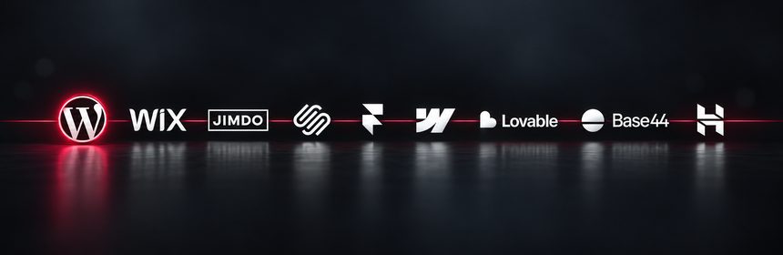 Die Logos von WordPress, Wix, Jimdo, Squarespace, Framer, Webflow, Lovable, Base44 und Hostinger nebeneinander auf einer Linie